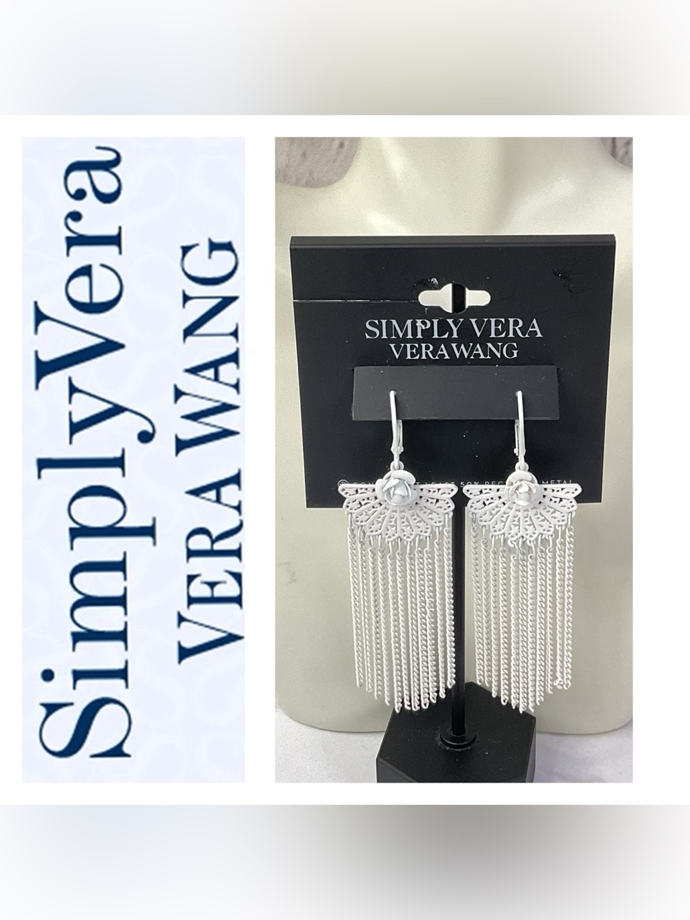 🌟🌟 Simply Vera Vera Wang Silver Floral Fringe Chain Drop Earrings